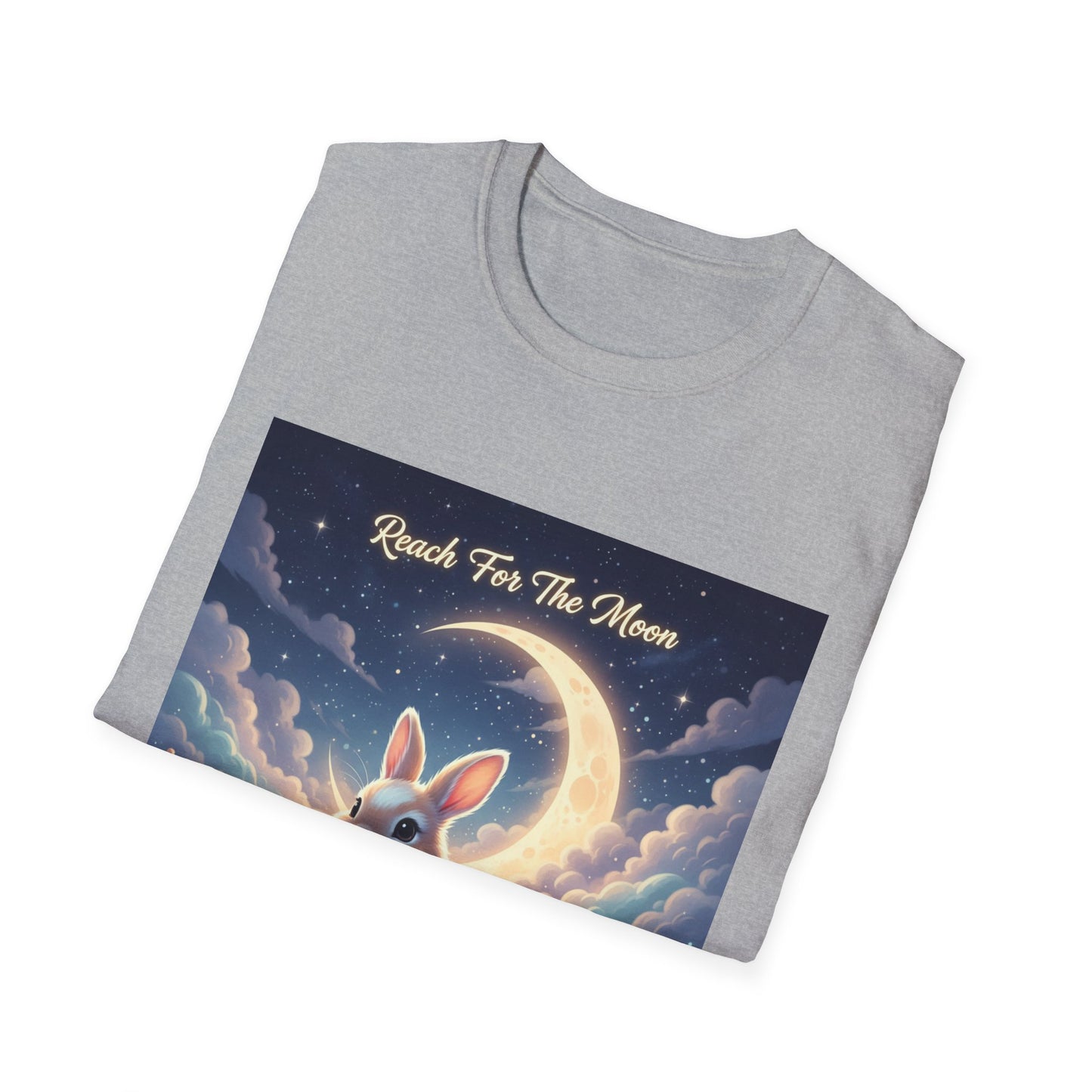 Dreamy Rabbit T-Shirt - Reach for the Moon Tee, Cute Animal Shirt, Softstyle Graphic Tee, Gift for Animal Lovers, Cozy Everyday Wear