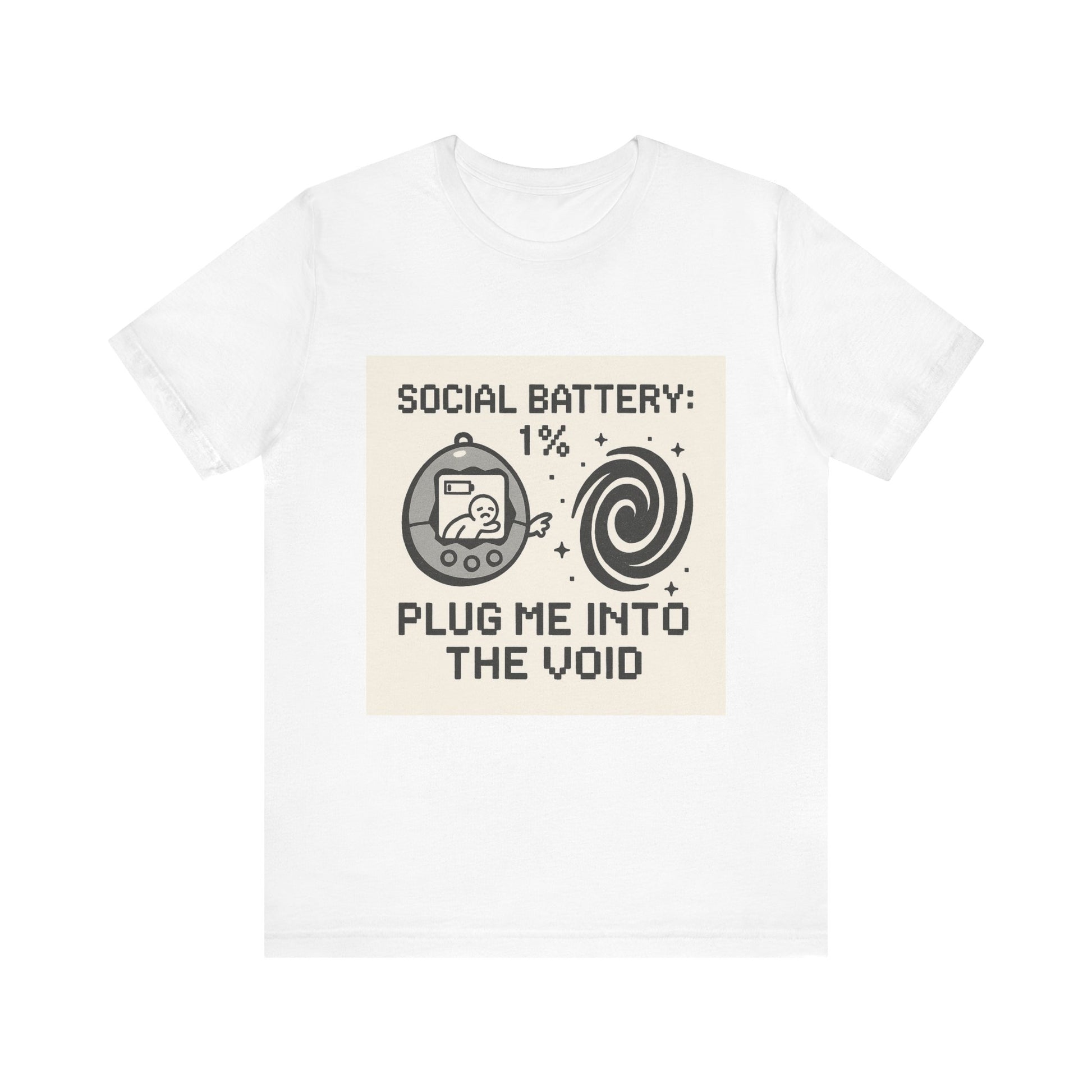 Social Battery 1% t-shirt with Tamagotchi graphic and "Plug Me Into the Void" text on white background