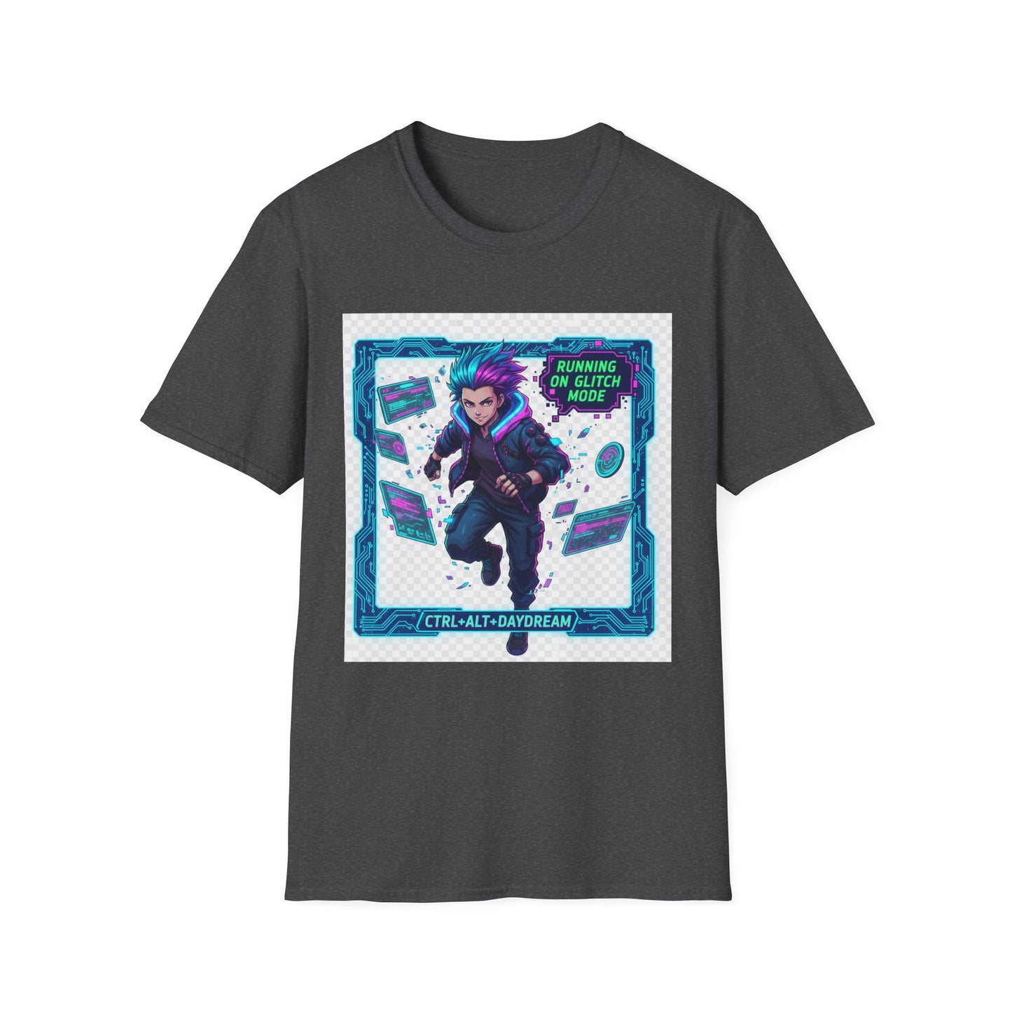 Cyberpunk Anime T-Shirt – ‘Running on Glitch Mode’ | Gamer Humor Tee, Neurospicy Pride Shirt, Otaku Streetwear Top