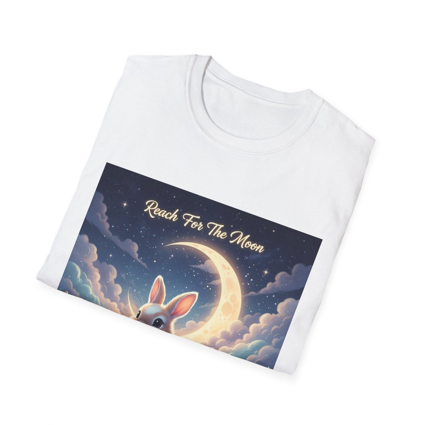 Dreamy Rabbit T-Shirt - Reach for the Moon Tee, Cute Animal Shirt, Softstyle Graphic Tee, Gift for Animal Lovers, Cozy Everyday Wear