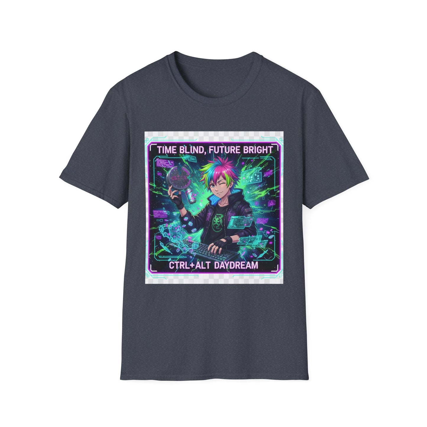 Cyberpunk Anime T-Shirt – ‘Time Blind Future Bright’ | Neurospicy Gamer Humor Tee, ADHD Pride Otaku Streetwear