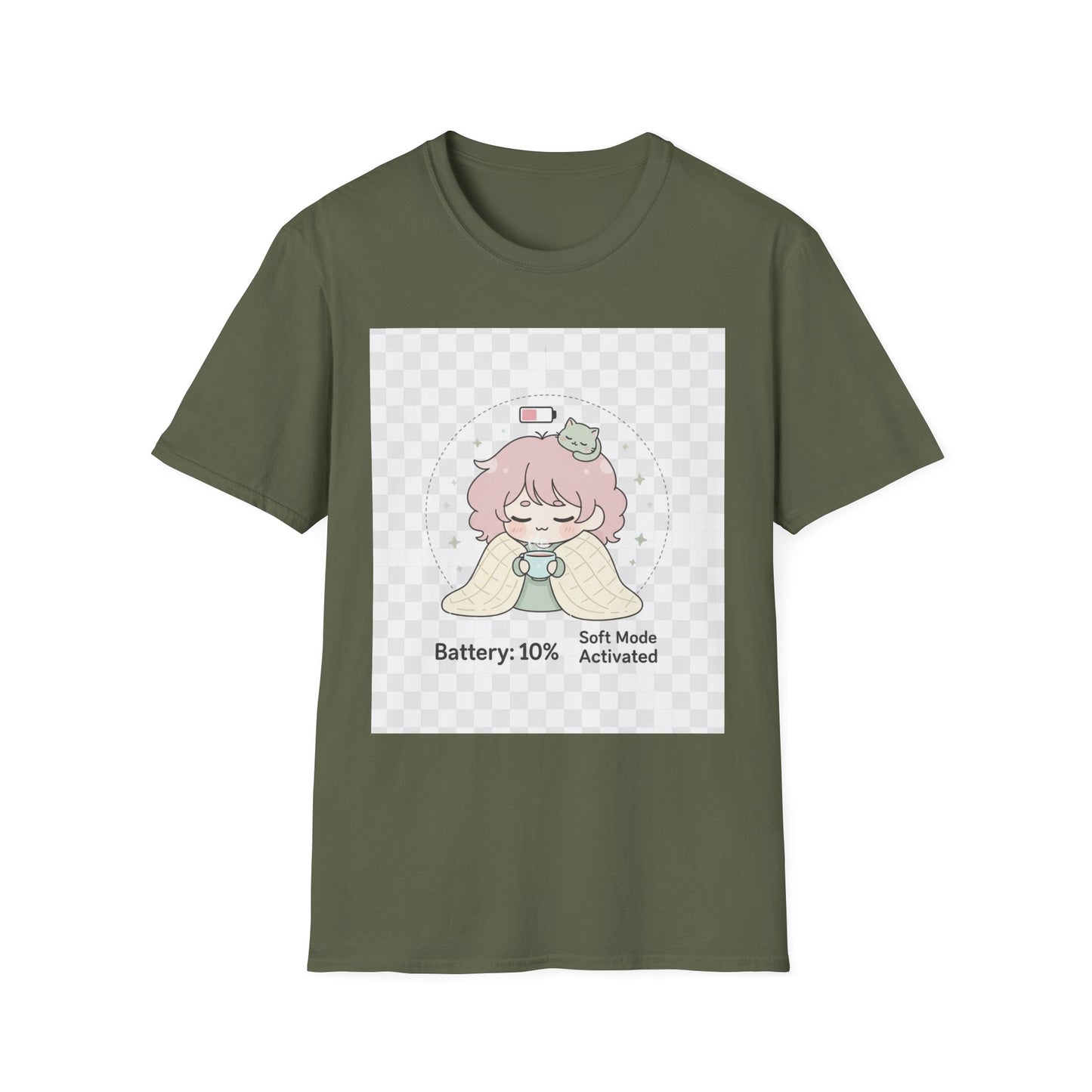 Kawaii Cozy T-Shirt – ‘Battery 10% Soft Mode’ | Neurospicy Self-Care Tee, Low Energy Day Anime Shirt