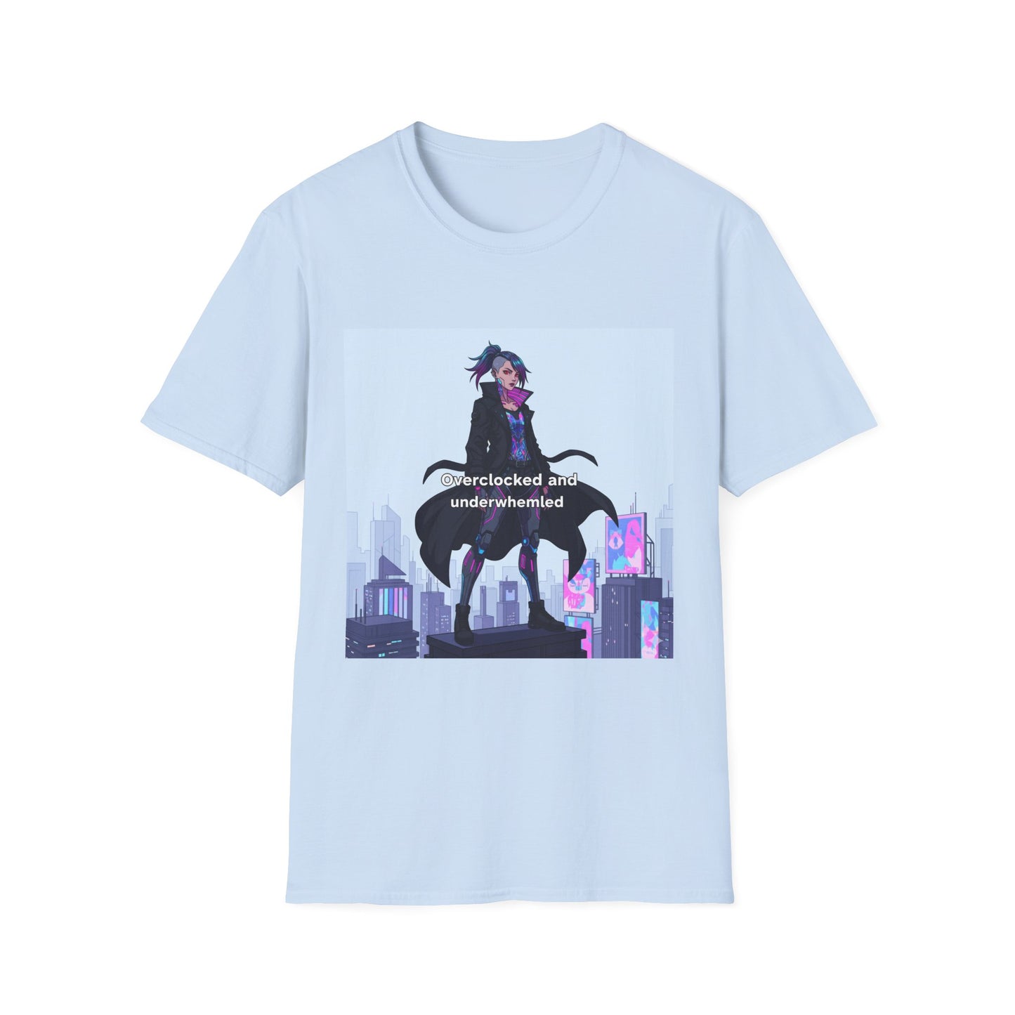 Cyberpunk Hacker T-Shirt – “Overclocked and Underwhelmed” | Futuristic Techwear Graphic Tee