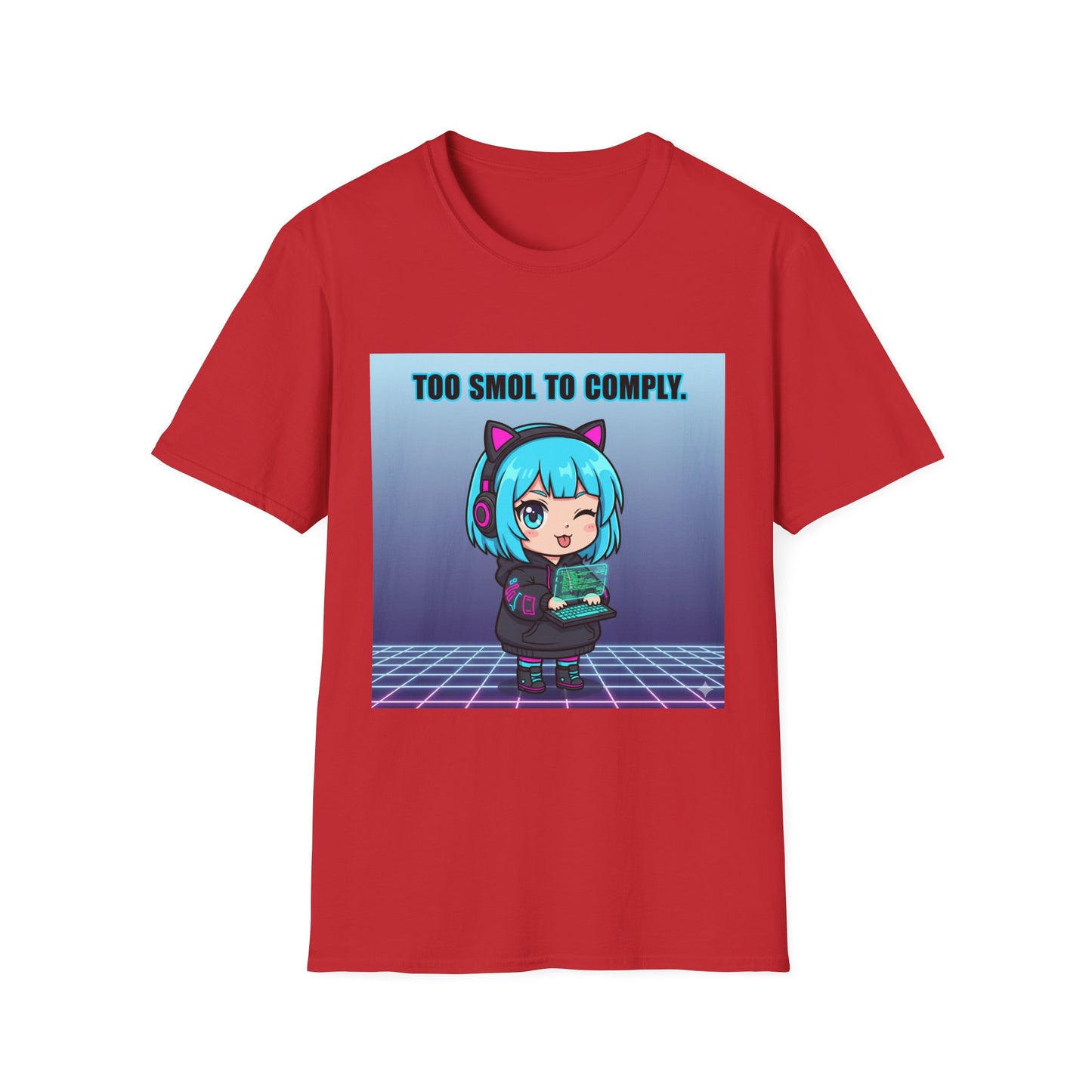 Chibi Hacker T-Shirt – “Too Smol to Comply” | Cute Cyberpunk Gamer Graphic Tee