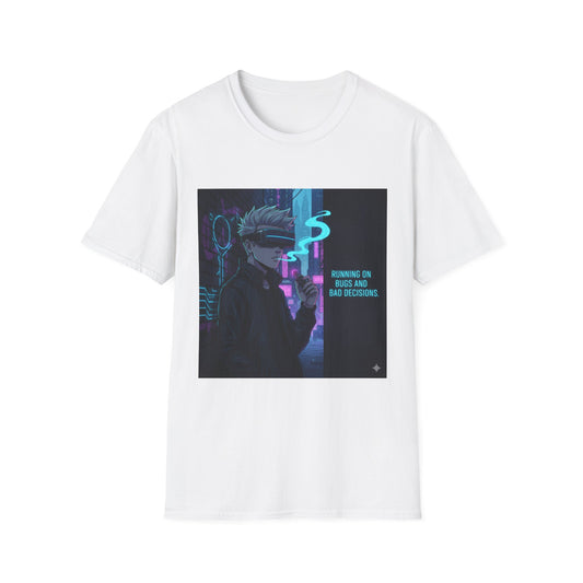 Cyberpunk Vaporwave T-Shirt – “Running on Bugs and Bad Decisions” | Futuristic Hacker Streetwear