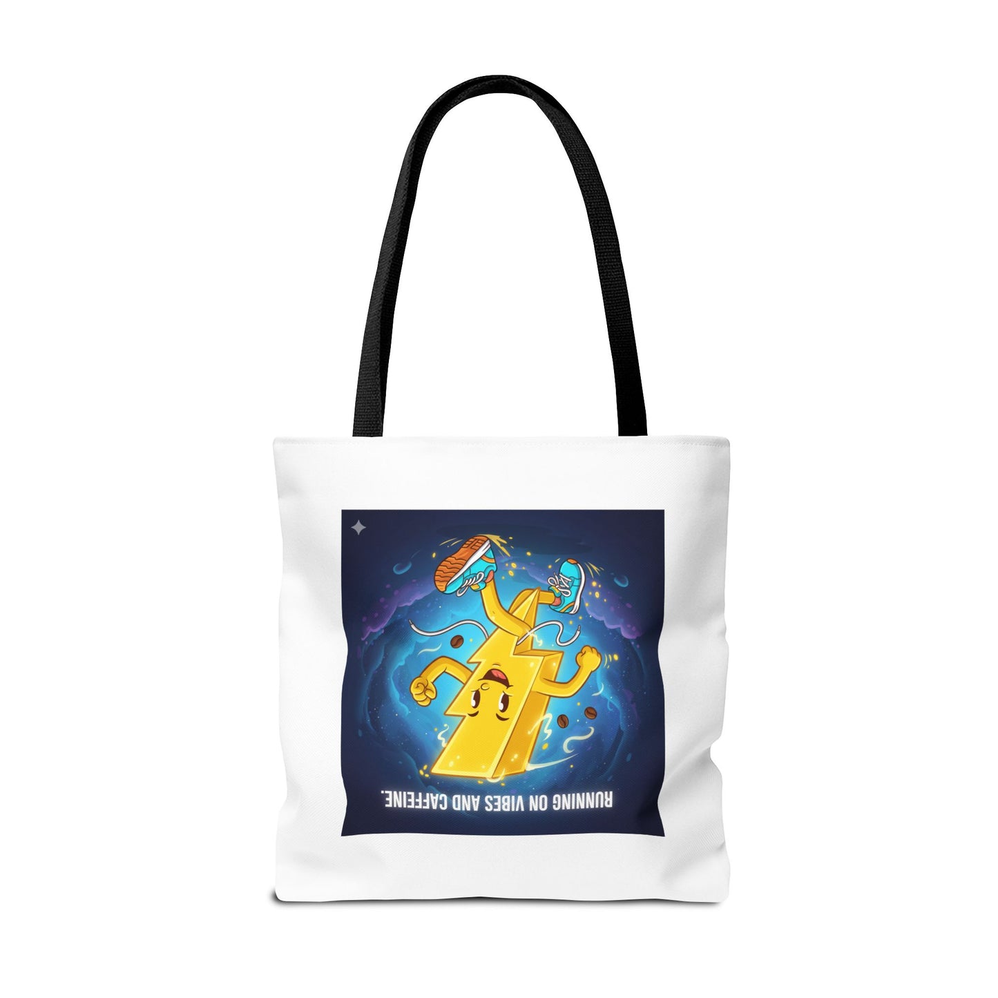 Running on Vibes Tote Bag | Colorful Fun Bag, Eco-Friendly Shopper, Gift for Coffee Lovers, Reusable Daily Tote, Vibrant Cartoon Design