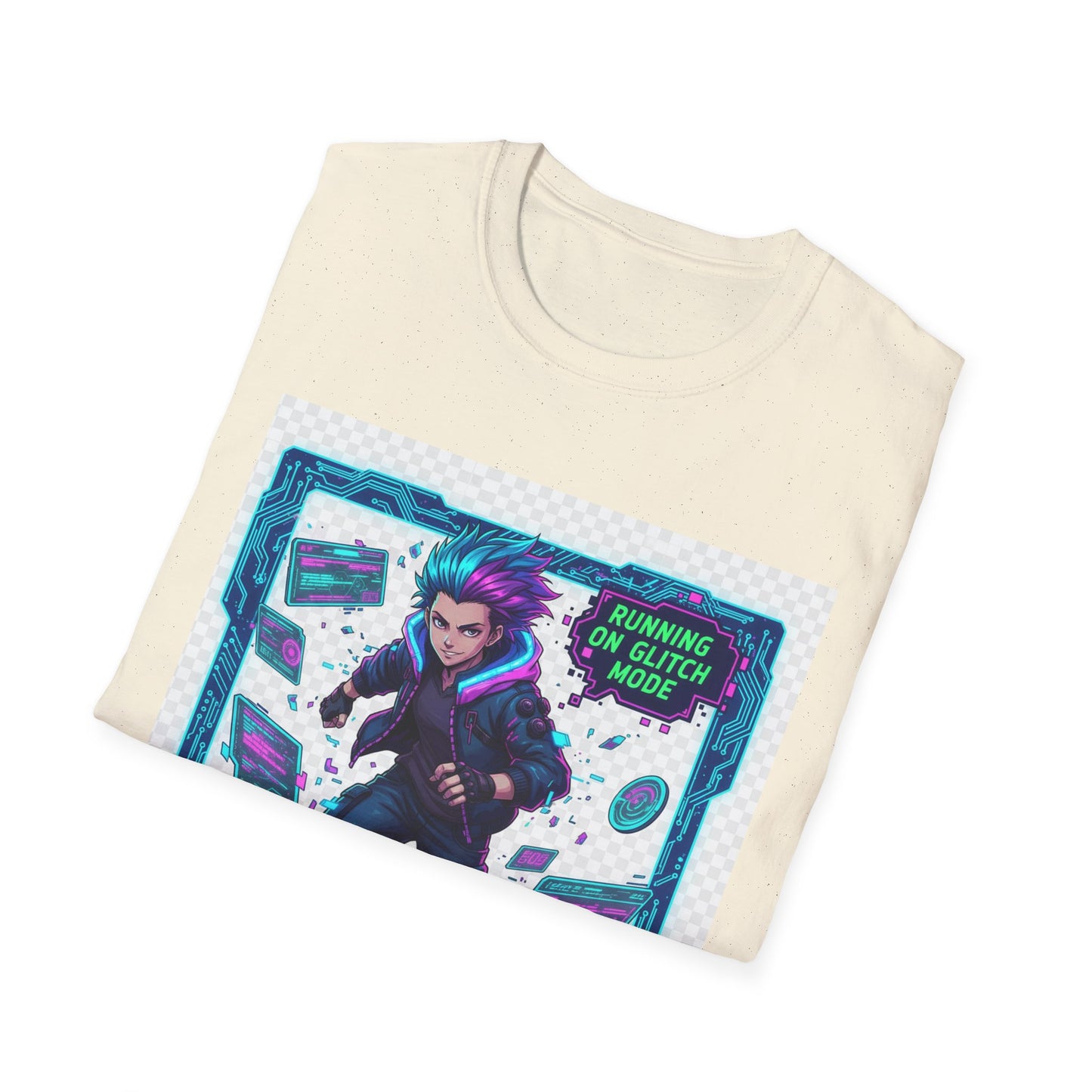 Cyberpunk Anime T-Shirt – ‘Running on Glitch Mode’ | Gamer Humor Tee, Neurospicy Pride Shirt, Otaku Streetwear Top