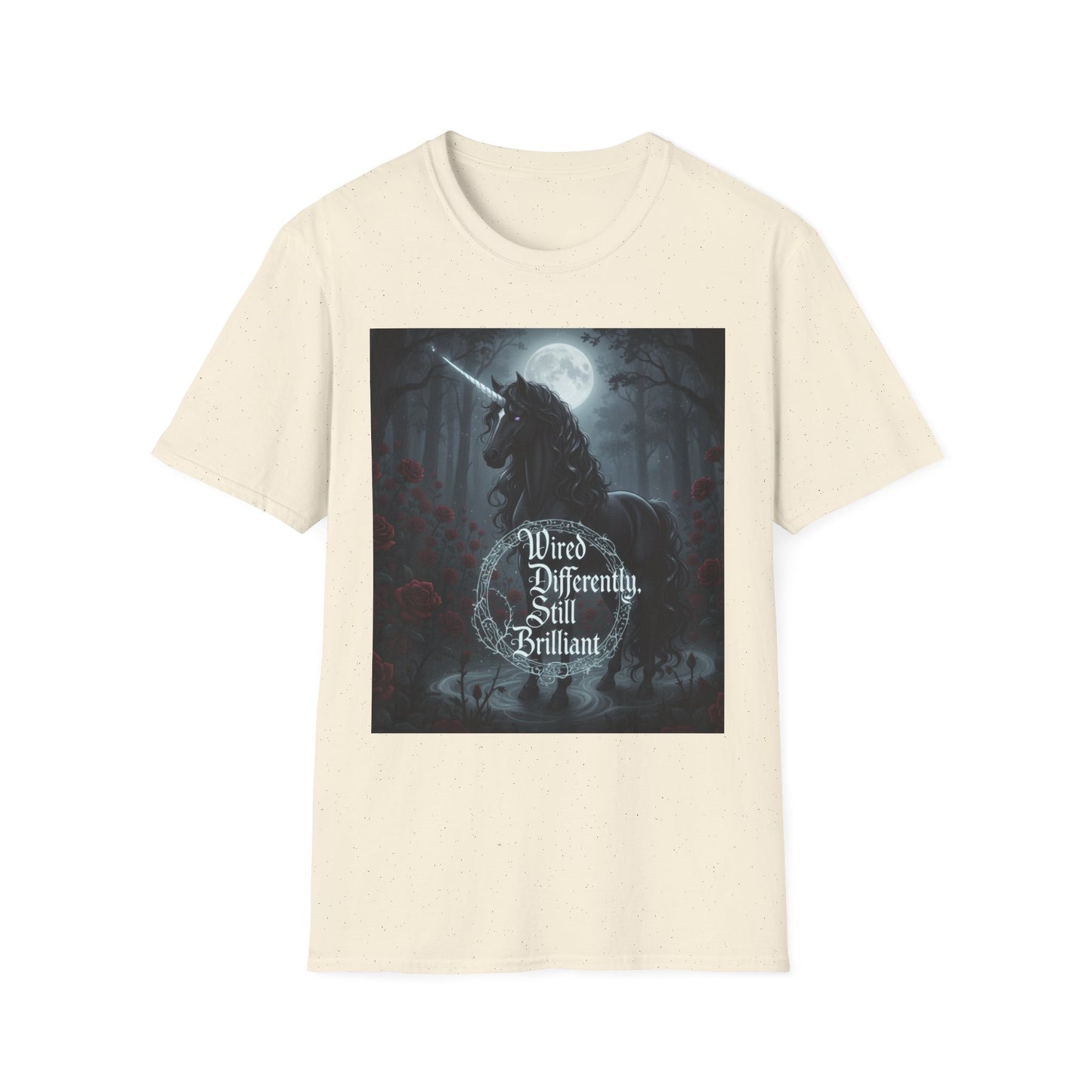 Majestic unicorn silhouette under a full moon with 'Wired Differently, Still Brilliant' gothic text symbolizing neurodiversity and ADHD/Autism pride printed on a beige speckled unisex tee.