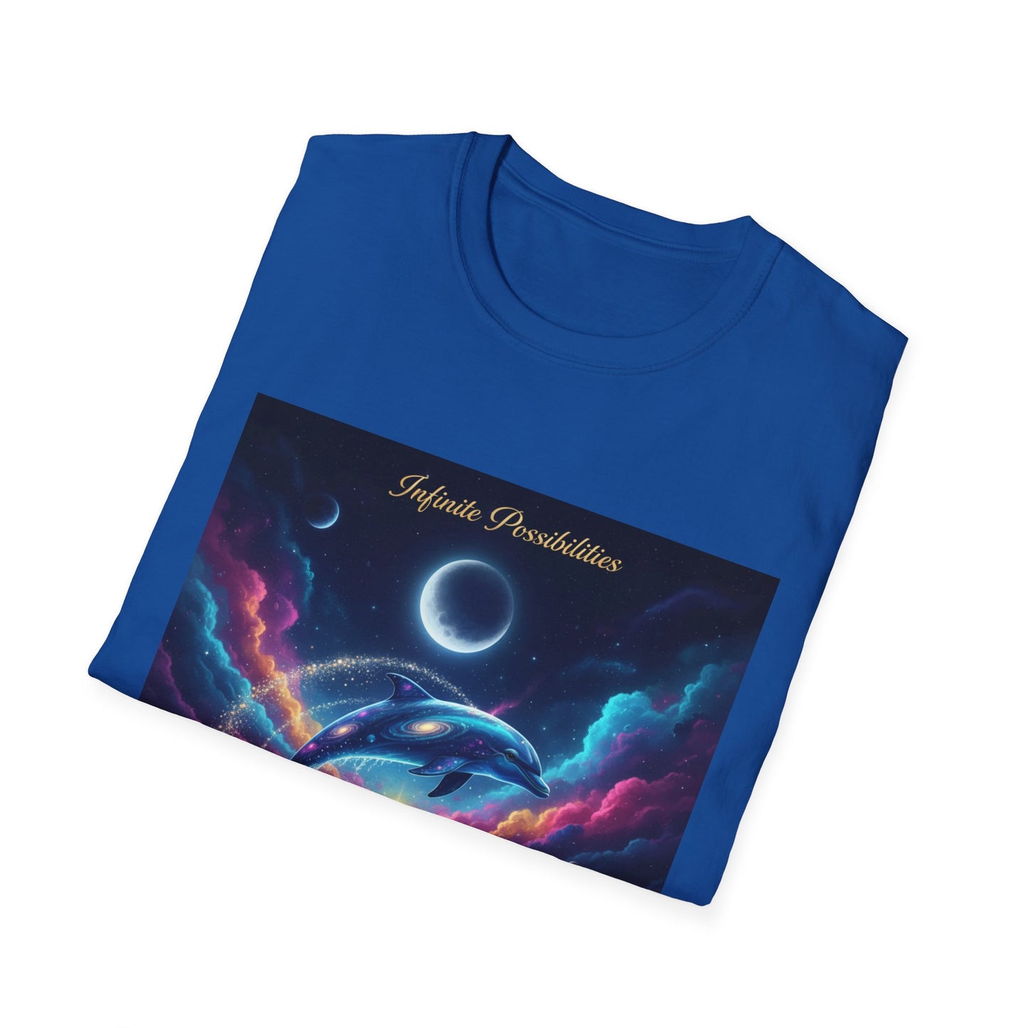 Cosmic Dolphin Art T-Shirt - Unisex Softstyle Tee for Dreamers, Gift for Ocean Lovers, Summer Vibes, Unique Artwork Clothing