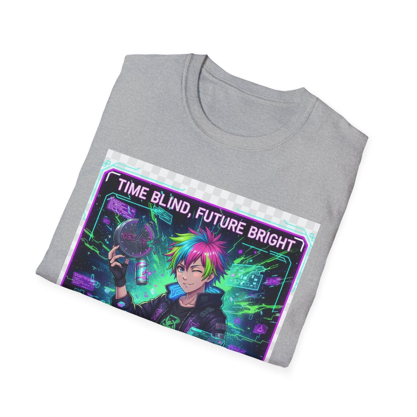 Cyberpunk Anime T-Shirt – ‘Time Blind Future Bright’ | Neurospicy Gamer Humor Tee, ADHD Pride Otaku Streetwear