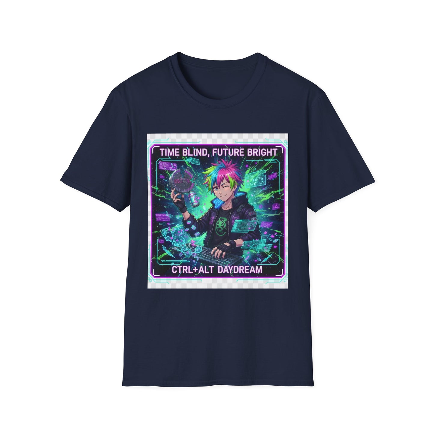 Cyberpunk Anime T-Shirt – ‘Time Blind Future Bright’ | Neurospicy Gamer Humor Tee, ADHD Pride Otaku Streetwear