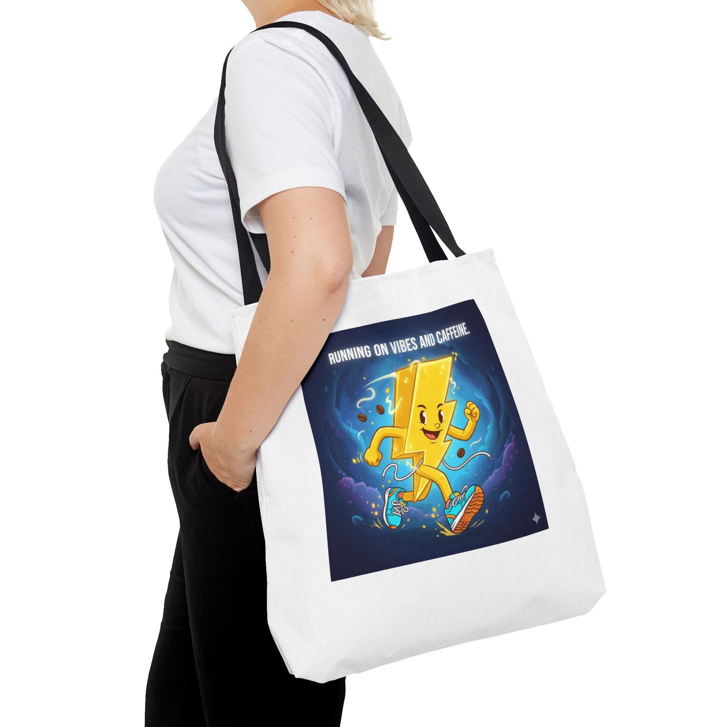 Running on Vibes Tote Bag | Colorful Fun Bag, Eco-Friendly Shopper, Gift for Coffee Lovers, Reusable Daily Tote, Vibrant Cartoon Design