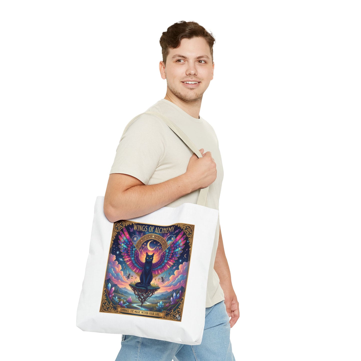 Wings of Alchemy Tote Bag, Colorful Art Tote, Cat Lover Gift, Bohemian Style Bag, Eco-Friendly Shopping Tote