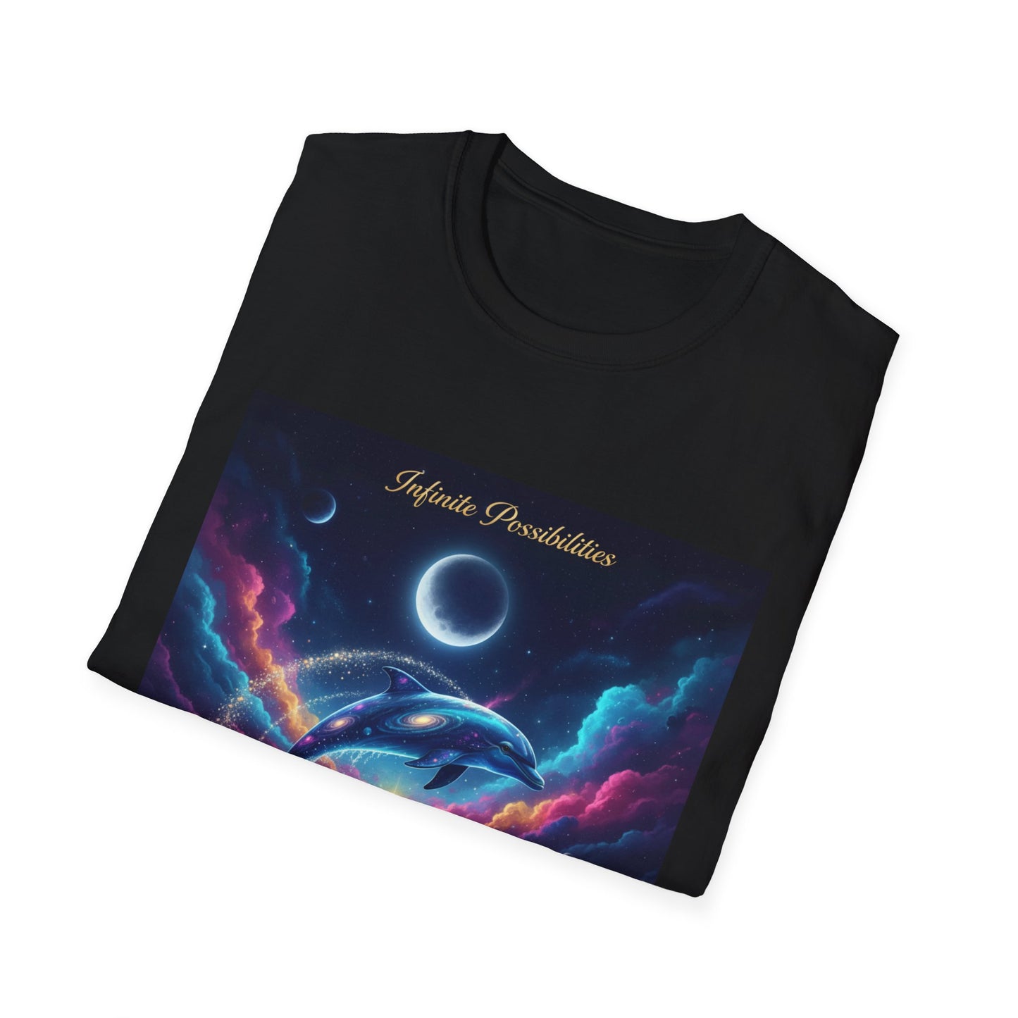 Cosmic Dolphin Art T-Shirt - Unisex Softstyle Tee for Dreamers, Gift for Ocean Lovers, Summer Vibes, Unique Artwork Clothing