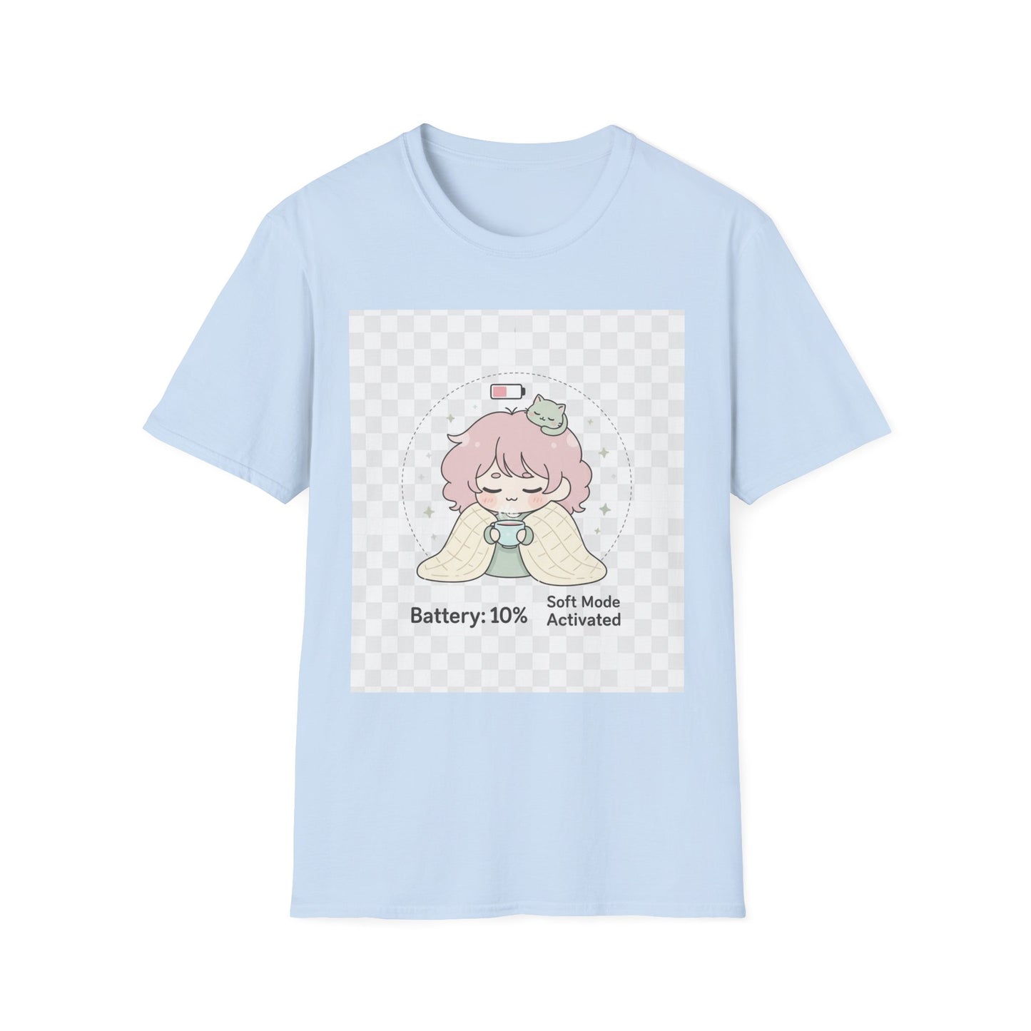 Kawaii Cozy T-Shirt – ‘Battery 10% Soft Mode’ | Neurospicy Self-Care Tee, Low Energy Day Anime Shirt