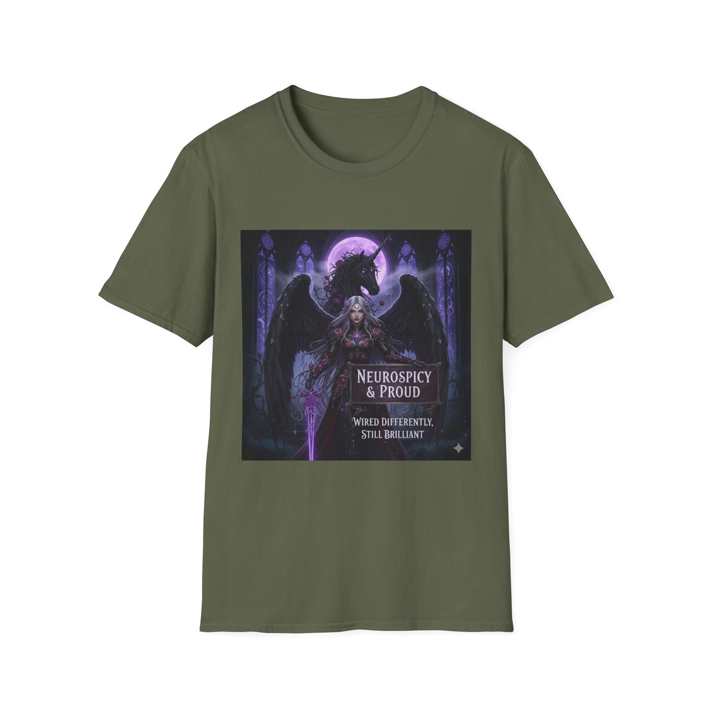 Empowering Gothic Fantasy Tee – Angelic Warrior & Dragon Design