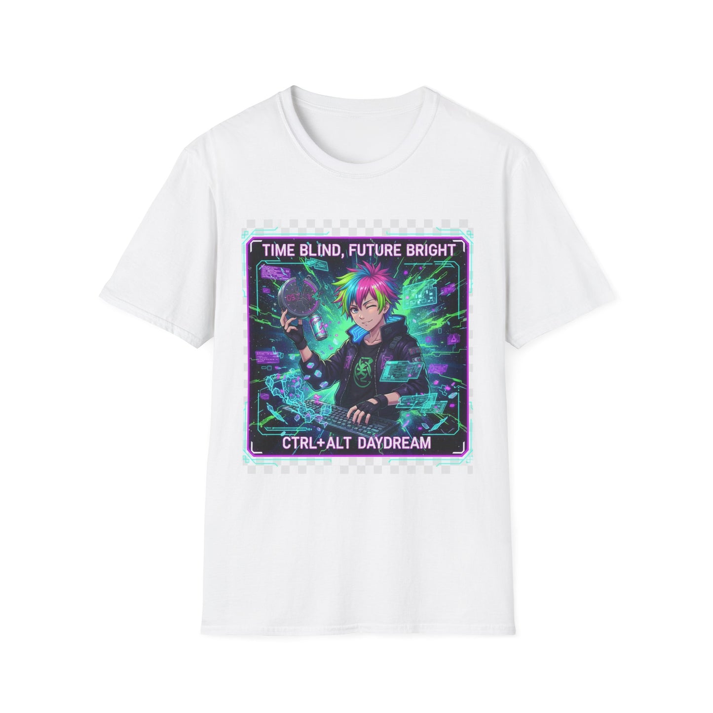 Cyberpunk Anime T-Shirt – ‘Time Blind Future Bright’ | Neurospicy Gamer Humor Tee, ADHD Pride Otaku Streetwear
