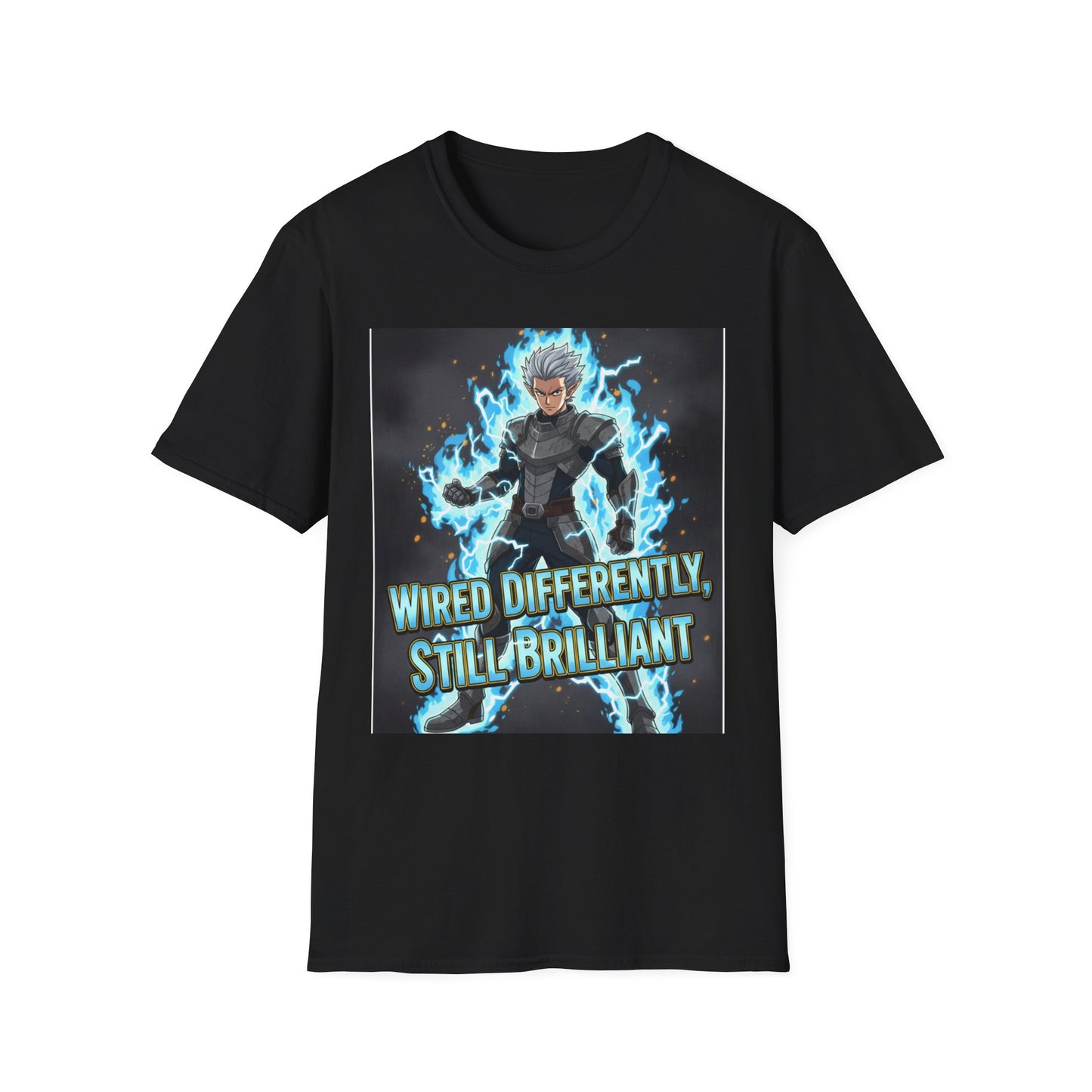 Anime-inspired lightning warrior design with "Wired Differently, Still Brilliant" motto representing ADHD/Autism pride printed on a black unisex tee.