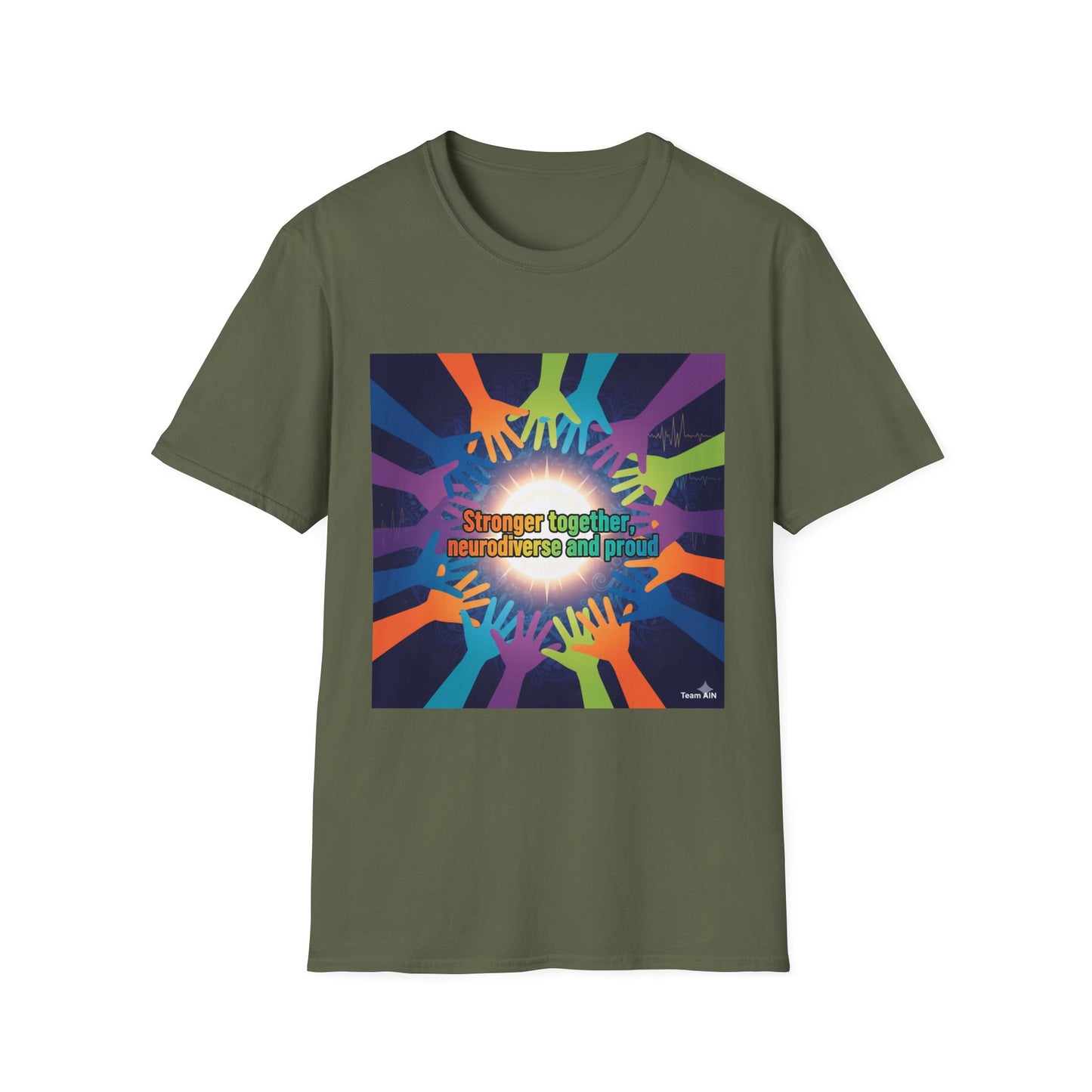 "Stronger Together, Neurodiverse and Proud" Unity T-Shirt – Colorful Hands Design on White Tee