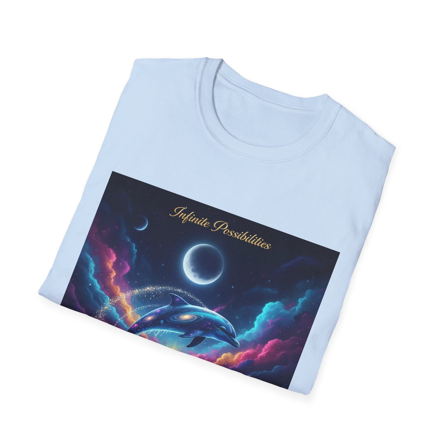 Cosmic Dolphin Art T-Shirt - Unisex Softstyle Tee for Dreamers, Gift for Ocean Lovers, Summer Vibes, Unique Artwork Clothing