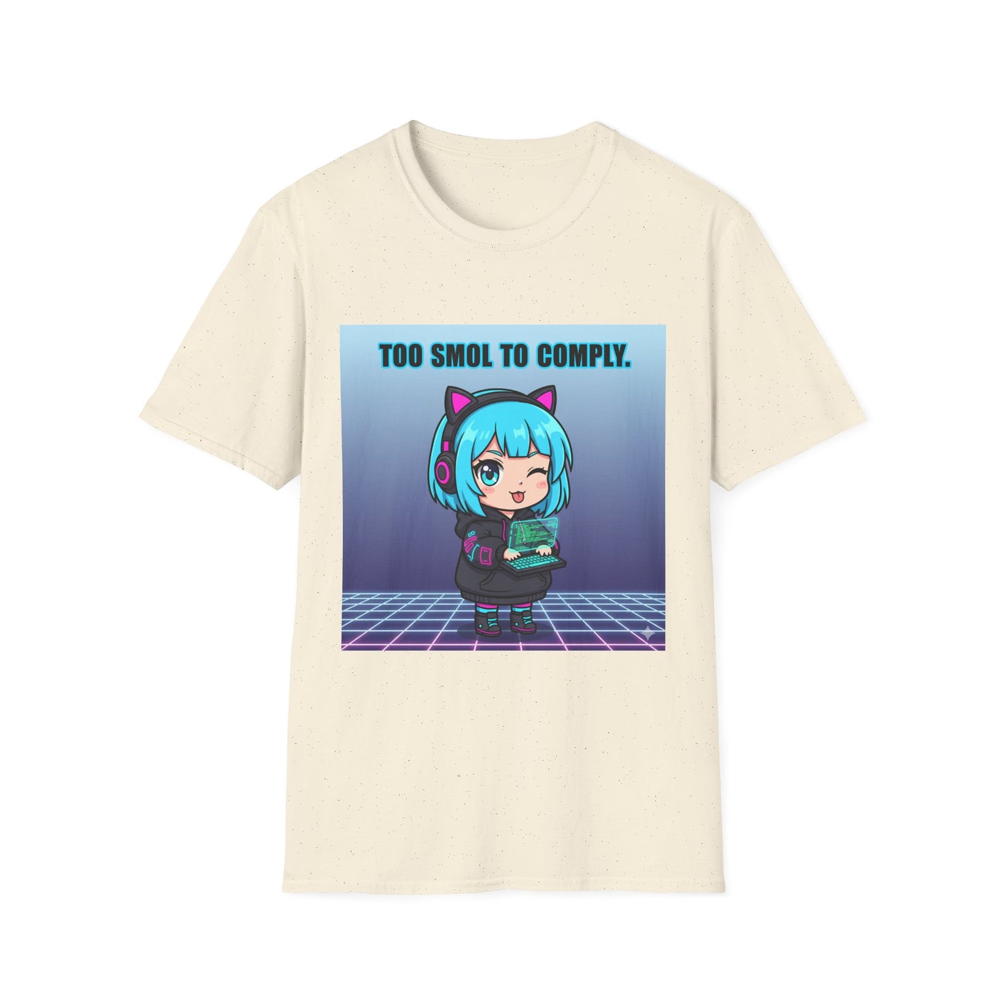 Chibi Hacker T-Shirt – “Too Smol to Comply” | Cute Cyberpunk Gamer Graphic Tee