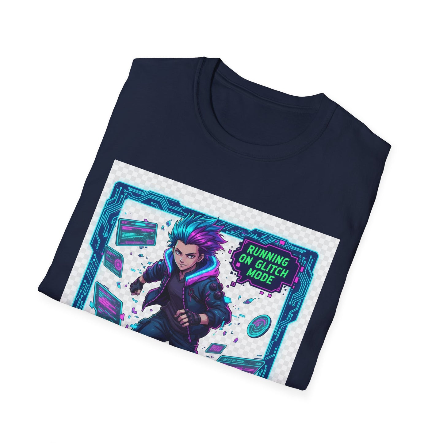 Cyberpunk Anime T-Shirt – ‘Running on Glitch Mode’ | Gamer Humor Tee, Neurospicy Pride Shirt, Otaku Streetwear Top