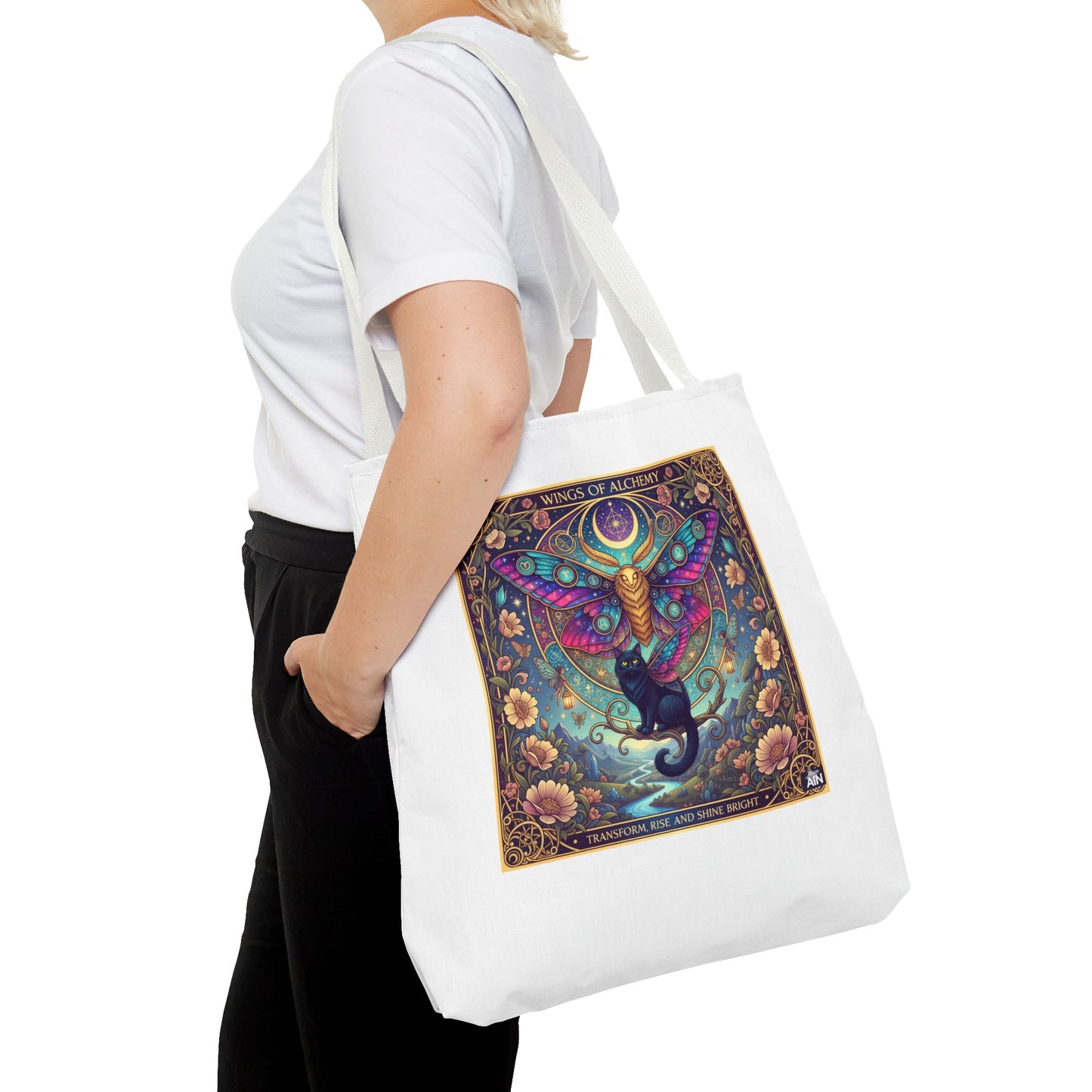 Mystical Cat Tote Bag | Boho Butterfly Design | Eco-friendly Bag | Gift for Nature Lovers | Stylish Shopping & Gym Bag