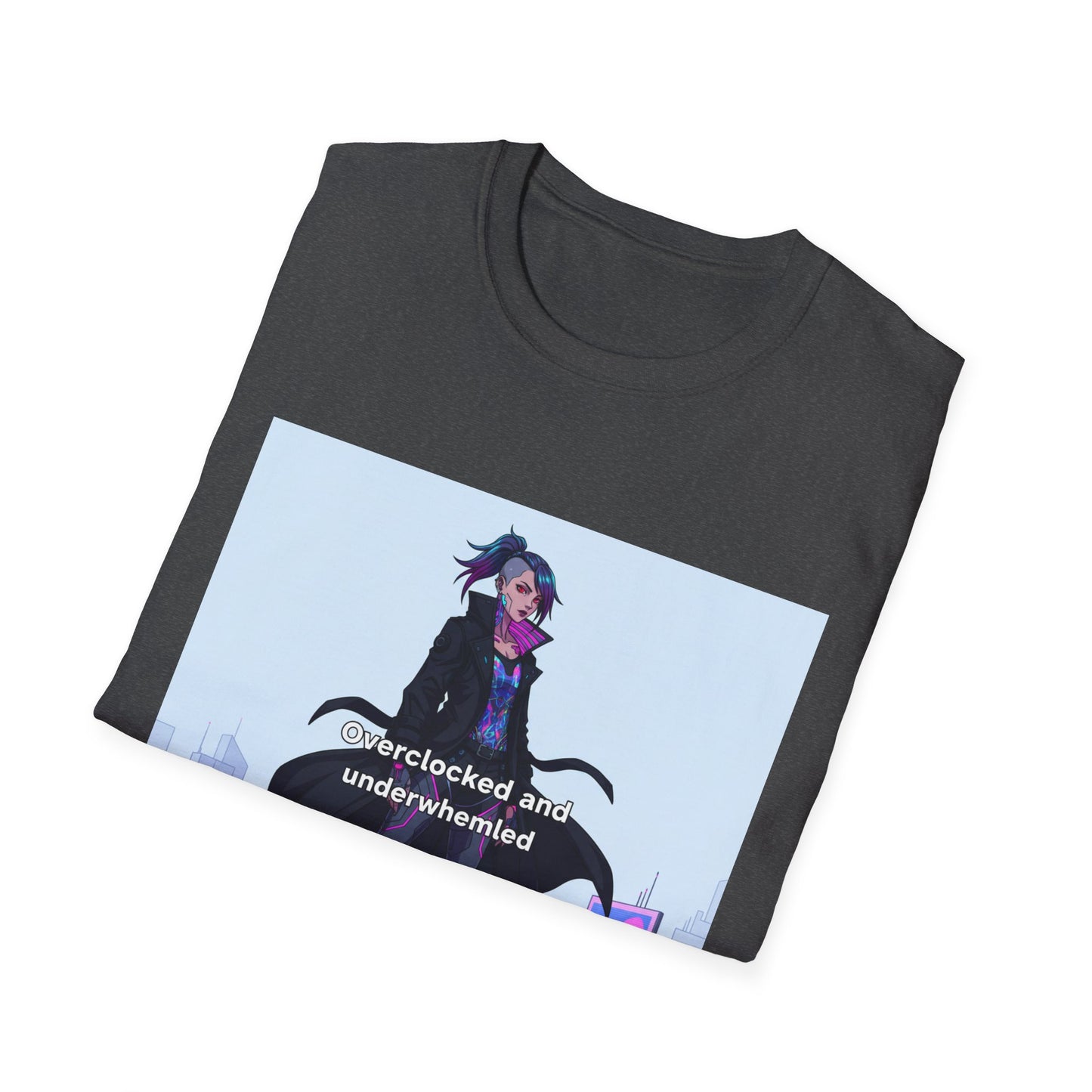 Cyberpunk Hacker T-Shirt – “Overclocked and Underwhelmed” | Futuristic Techwear Graphic Tee