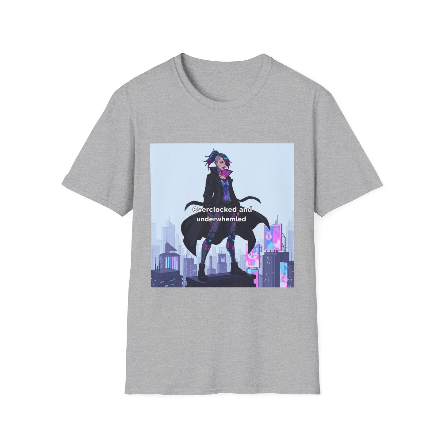 Cyberpunk Hacker T-Shirt – “Overclocked and Underwhelmed” | Futuristic Techwear Graphic Tee