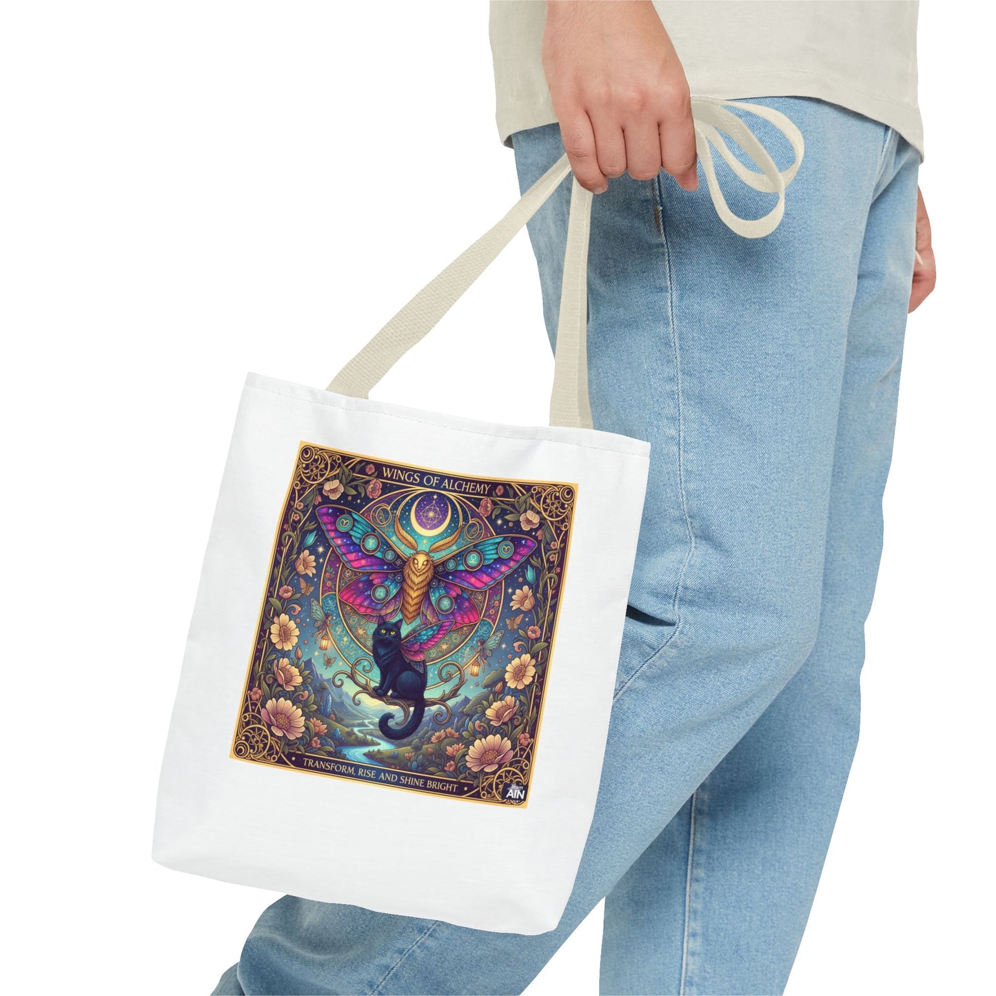 Mystical Cat Tote Bag | Boho Butterfly Design | Eco-friendly Bag | Gift for Nature Lovers | Stylish Shopping & Gym Bag