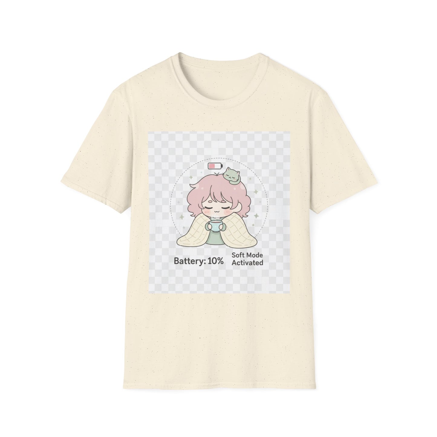 Kawaii Cozy T-Shirt – ‘Battery 10% Soft Mode’ | Neurospicy Self-Care Tee, Low Energy Day Anime Shirt