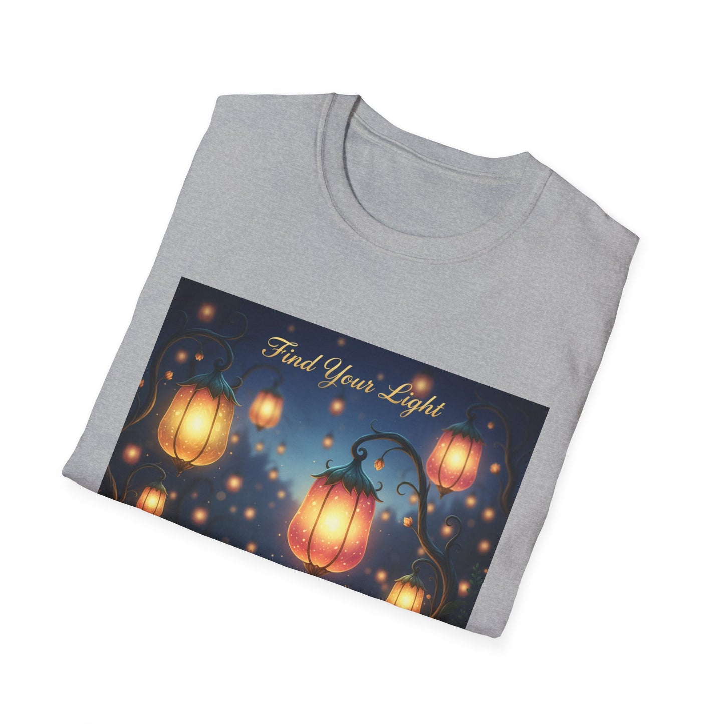 Enchanting 'Find Your Light' Unisex Softstyle T-Shirt, Inspirational Tee, Nature Lover Gift, Cozy Casual Wear, Lantern Art Shirt