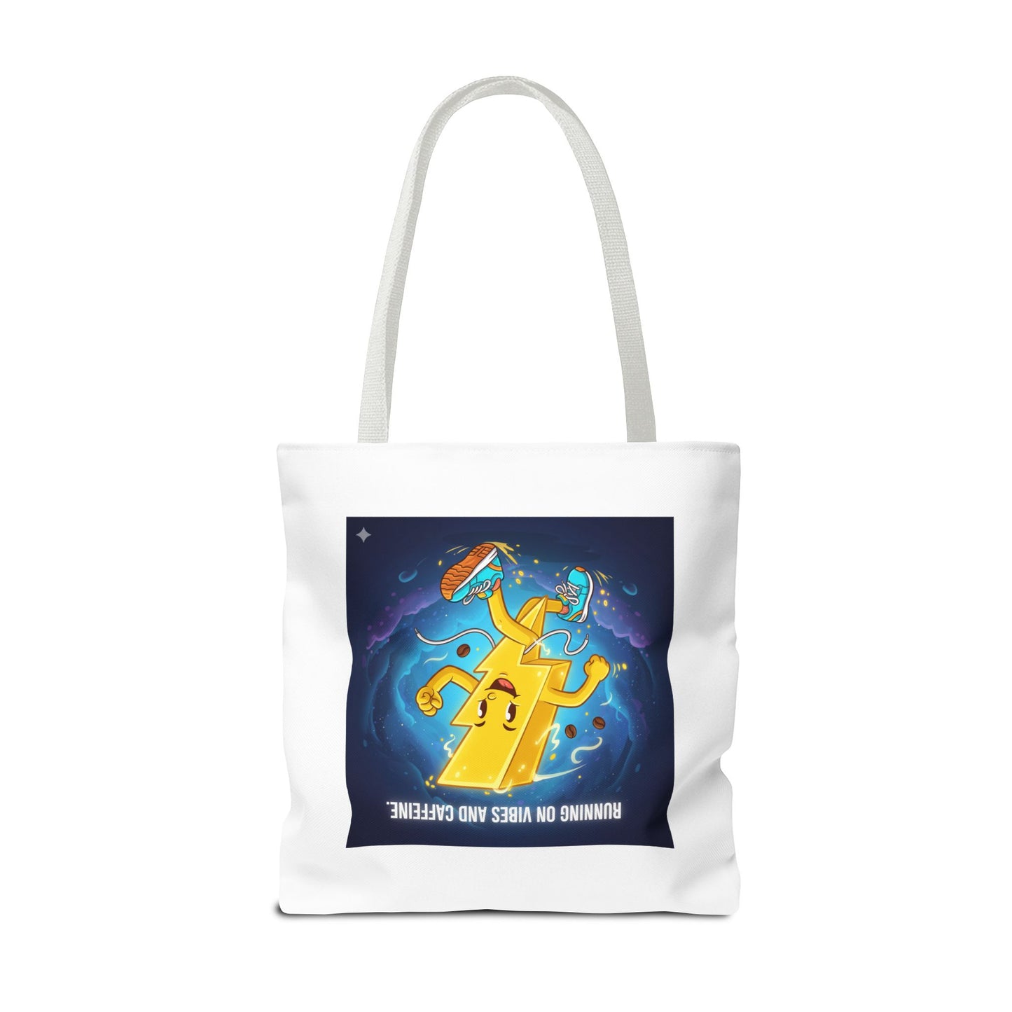 Running on Vibes Tote Bag | Colorful Fun Bag, Eco-Friendly Shopper, Gift for Coffee Lovers, Reusable Daily Tote, Vibrant Cartoon Design