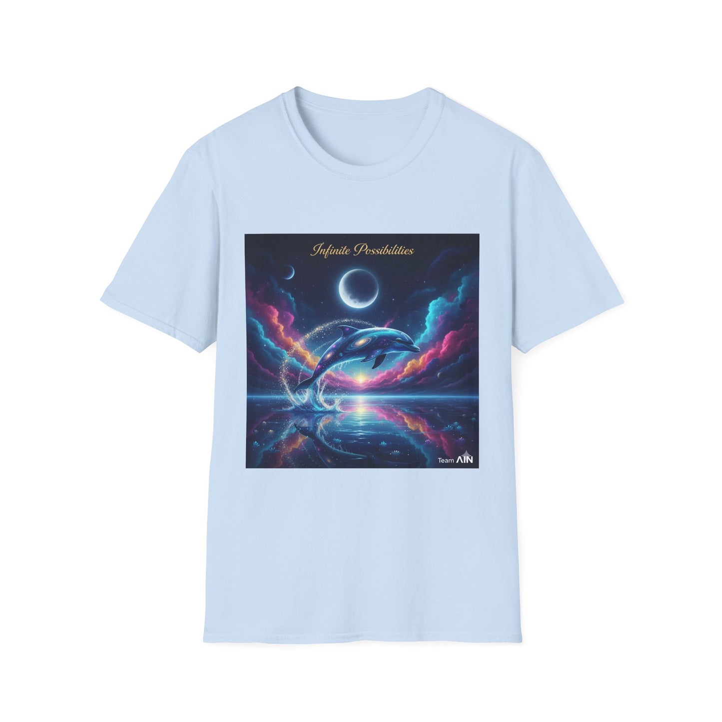 Cosmic Dolphin Art T-Shirt - Unisex Softstyle Tee for Dreamers, Gift for Ocean Lovers, Summer Vibes, Unique Artwork Clothing