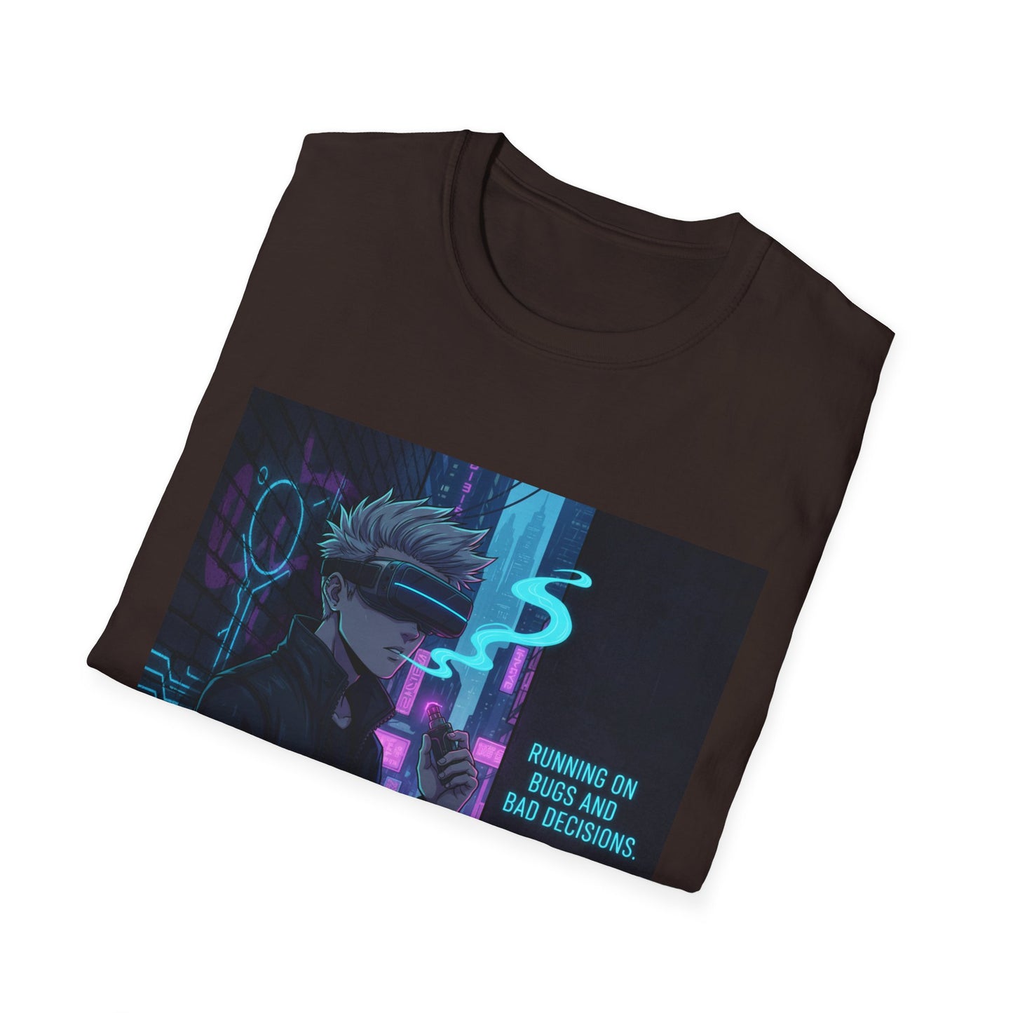 Cyberpunk Vaporwave T-Shirt – “Running on Bugs and Bad Decisions” | Futuristic Hacker Streetwear